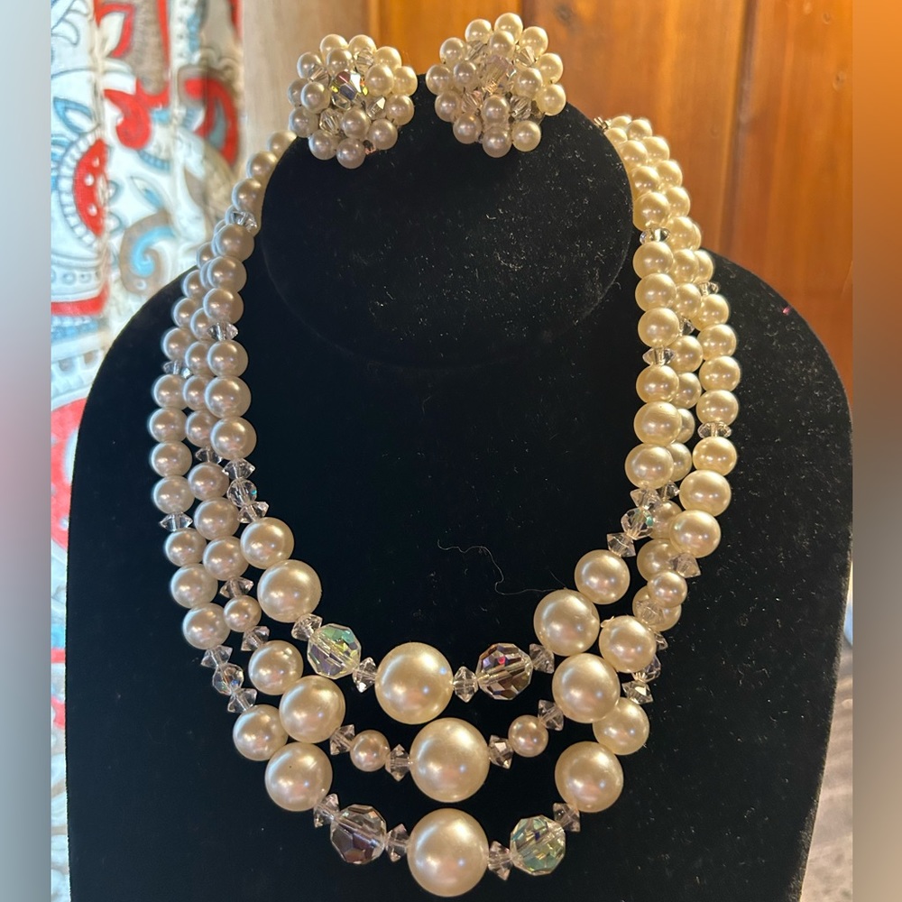 Vintage faux pearl and aurora borealis three strand necklace and earrings